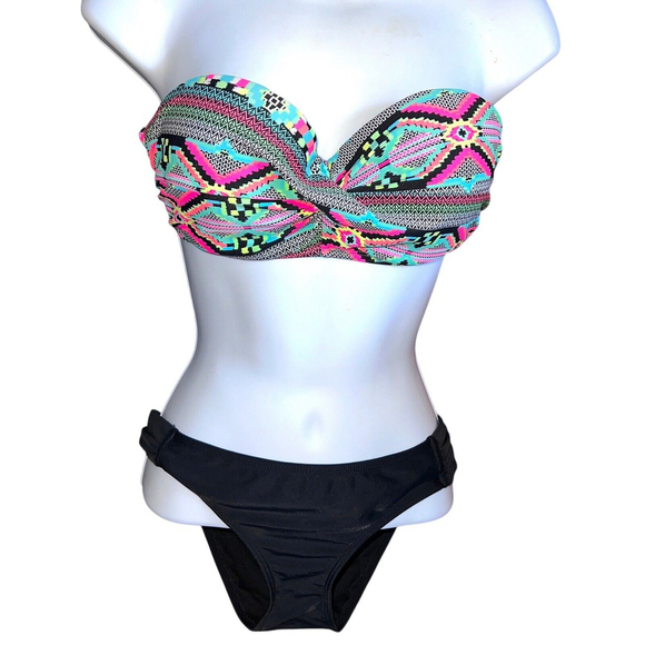 Rue Other - Rue Blue Bikini Turquoise Blue Black Tribal Print Medium Sewn in Cup Strapless
